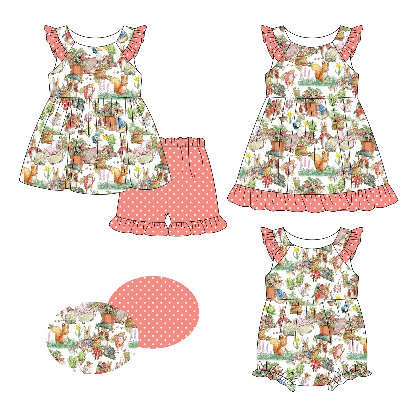 26.1.8 Custom MOQ:3 or 5 pcs each design milk silk Sibling baby girl clothes easter short sleeve shorts sets and dress and romper