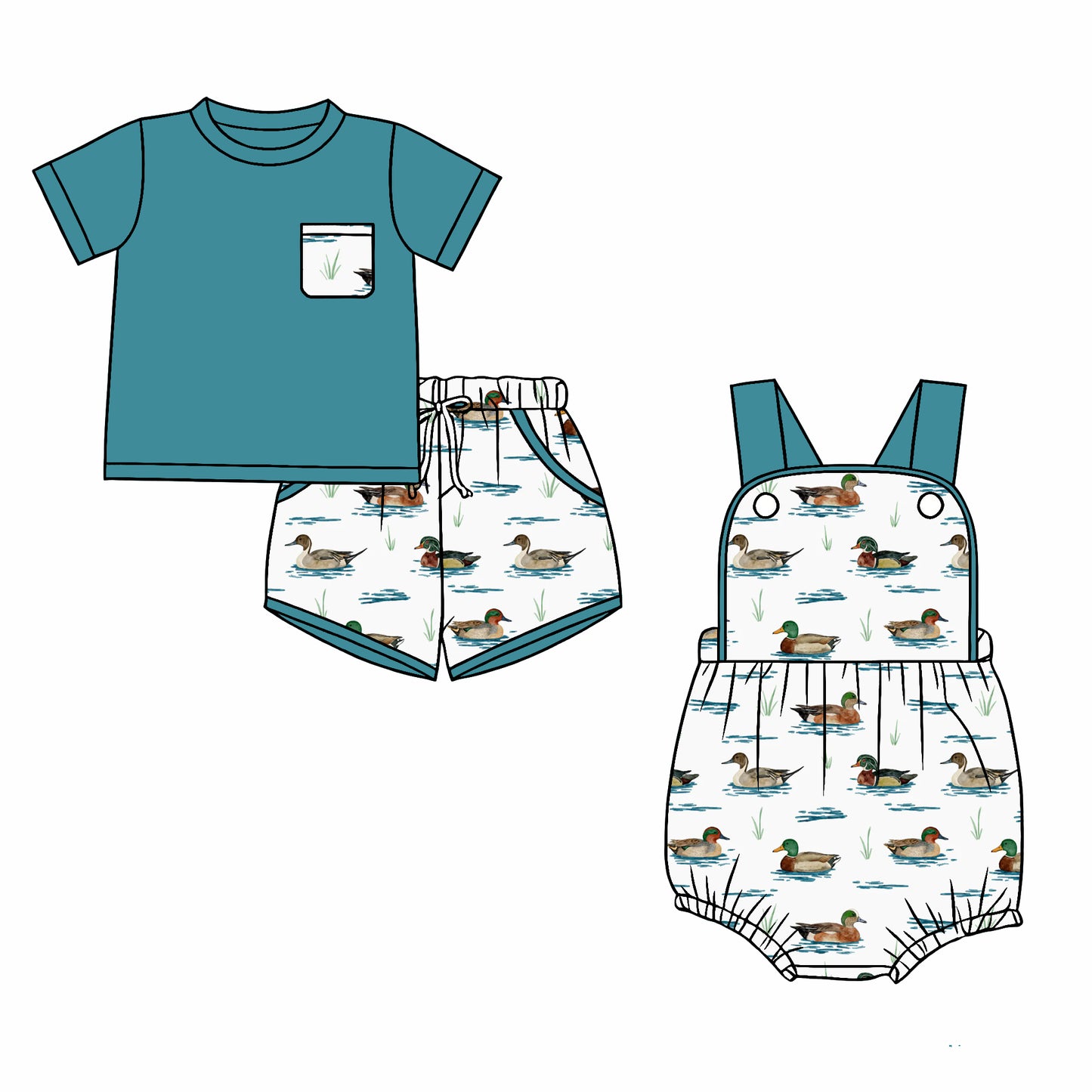 26.1.2 Custom MOQ:3 or 5 pcs each design milk silk Sibling baby boy clothes duck short sleeve shorts sets and romper