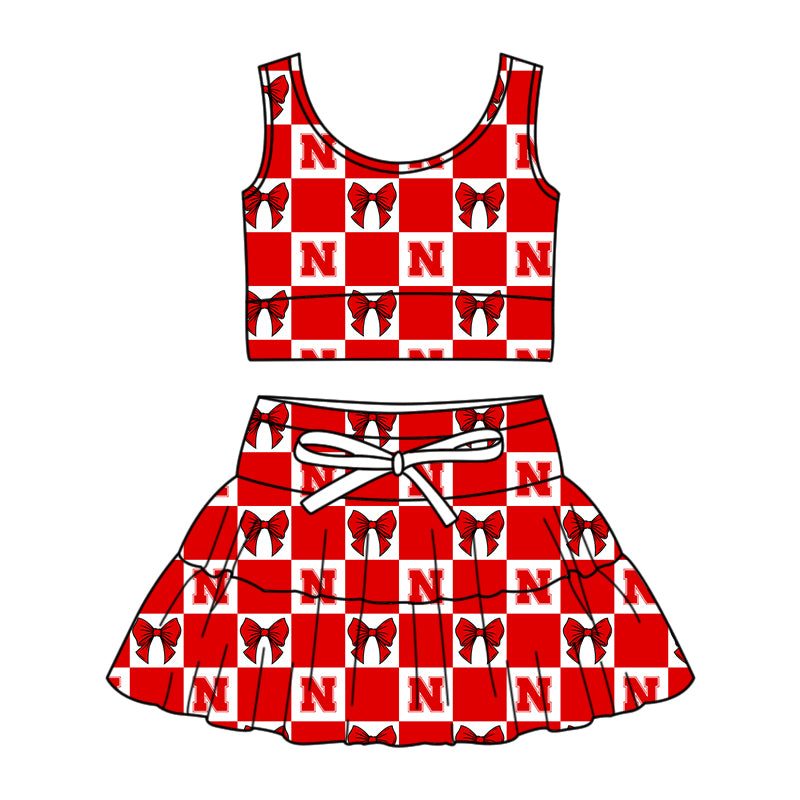Custom Milk Silk Order MOQ:3 or 5 pcs Each Design Team State Girl Summer Bow Red Sleeveless Skirts Sets-26.1.22