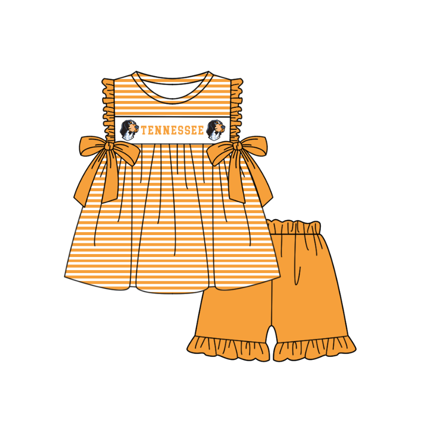 1.31 Custom Order Moq 3 Baby Girl Tennessee Orange Team Bows Stripe Tunic Top Ruffle Shorts Clothes Sets