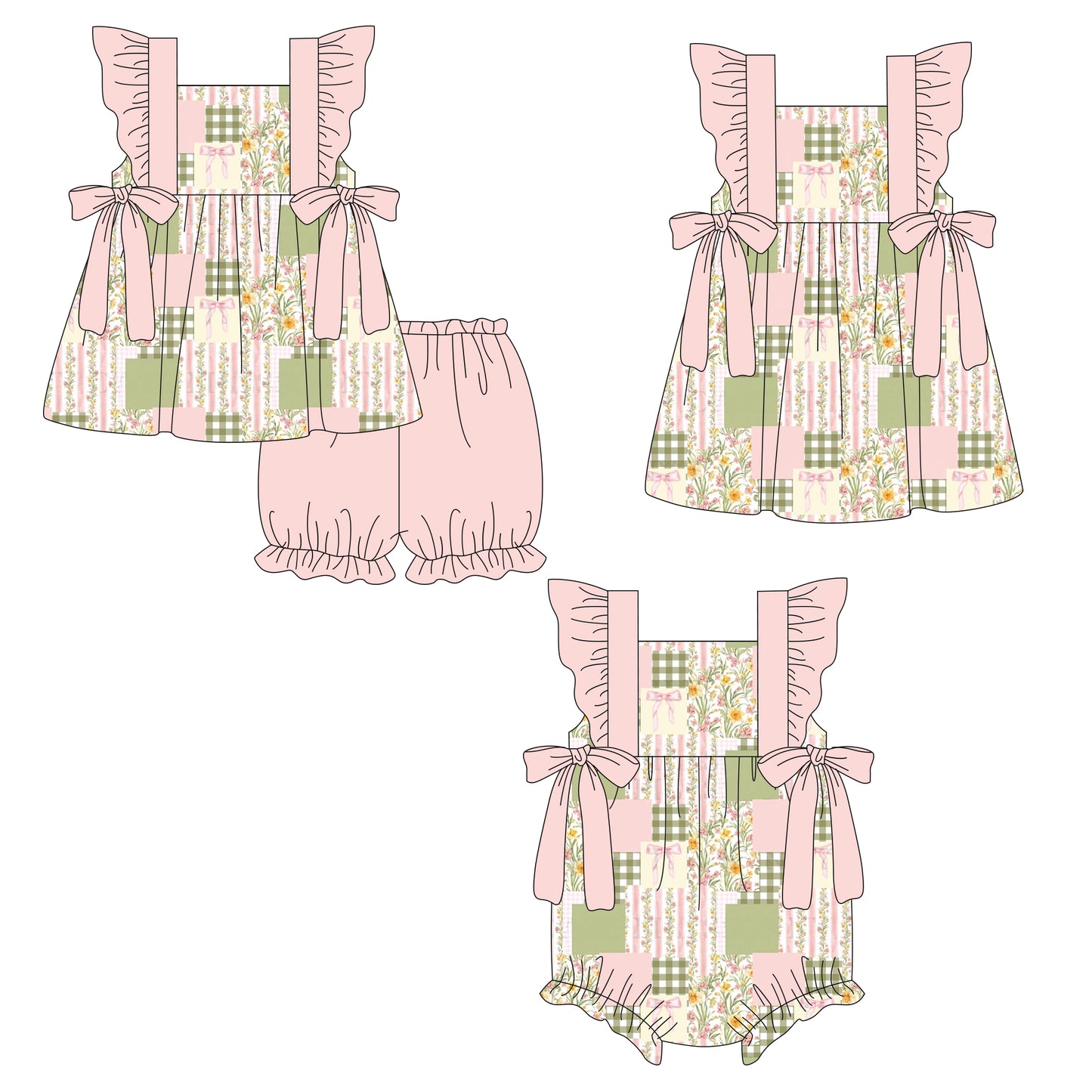 26.1.3 Custom MOQ:3 or 5 pcs each design milk silk Sibling baby girl clothes bow floral short sleeve shorts sets and dress and romper