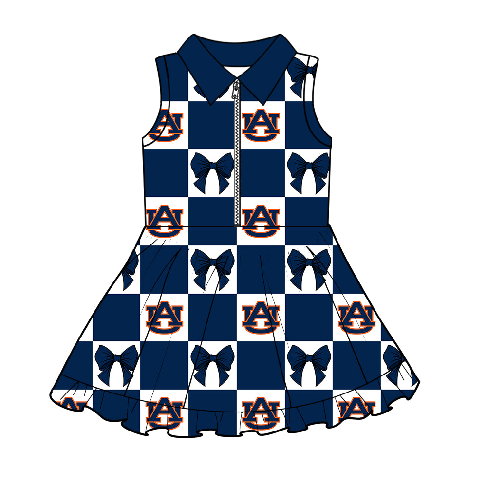 Custom Milk Silk Order MOQ:3 or 5 pcs Each Design Team State Girl Summer Bow Dark Blue Sleeveless Dress-26.1.17