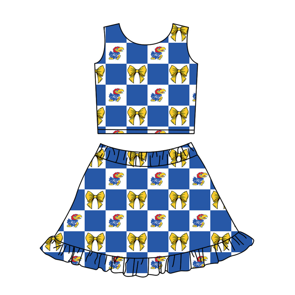 Custom MOQ 3 or 5 pcs Team Design Girl Summer Blue KU Bows Plaid Vest Ruffle Skirt Short Team Clothes Sets