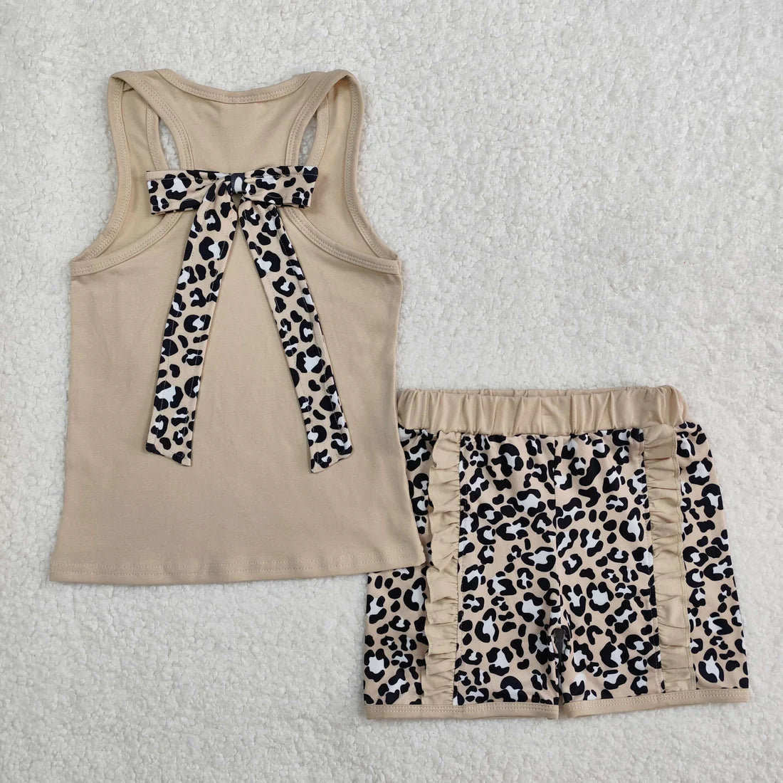 L-3.10 GSSO1979 Baby Girls Khaki Pocket Bow Vest Ruffle Leopard Shorts Set