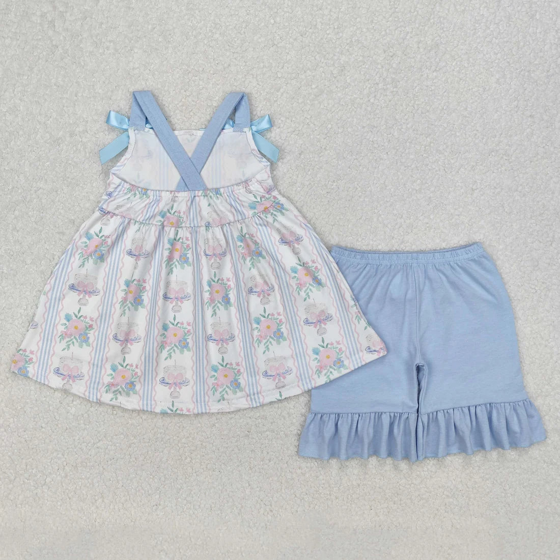 3.14 GSSO2087 Baby Girls Flowers Cakes Straps Bows Top Shorts Clothes Set