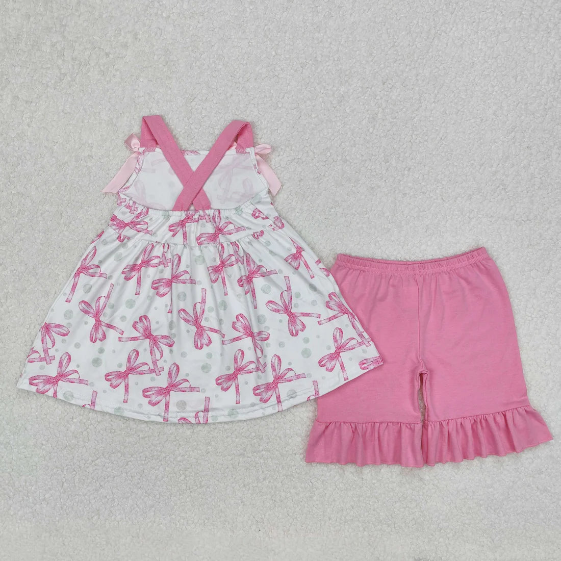 3.14 GSSO2075 Baby Girls Pink Bows Straps Top Ruffle Shorts Clothes Set