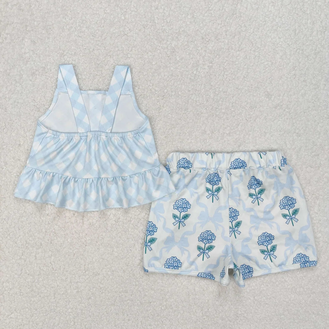 3.14 GSSO2078 Baby Girls Blue Checkered Straps Top Flowers Shorts Clothes Set