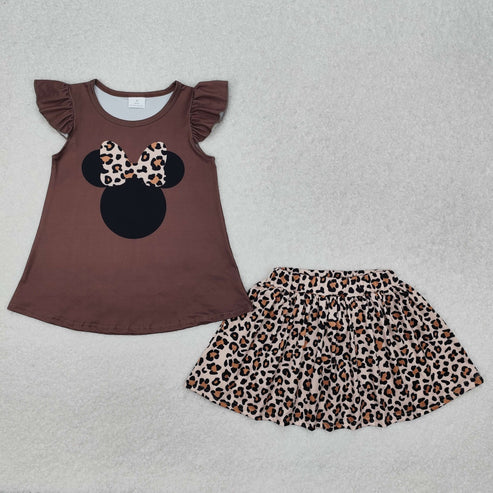 GSD1664 Baby Girls Leopard Cartoon Flutter Sleeve Shirt Skort Clothes Set