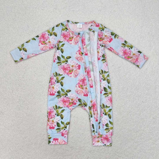 3.13 RTS LR0880 baby girl flower zipper romper -Bamboo
