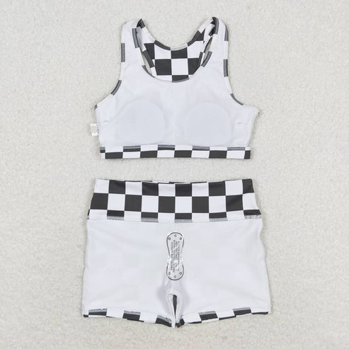 GT0522+SS0219 Black and white plaid sleeveless top shorts yoga set