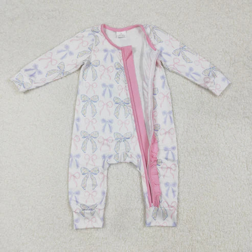 LR2158 Baby Infant Girls Pink Ruffles Blue Bows Zip Romper