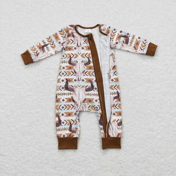 LR0674 Alpine Bull Head Arrow Geometric Brown Zipper Long