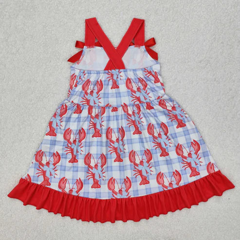 3.15 GSD1968 Baby Girls Blue Checkered Crawfish Bow Ruffle Knee Length Dress
