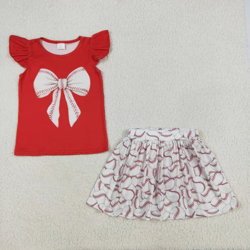 GSD1722 Baby Girls Red Bow Shirt Baseball Skirts Clothes Set