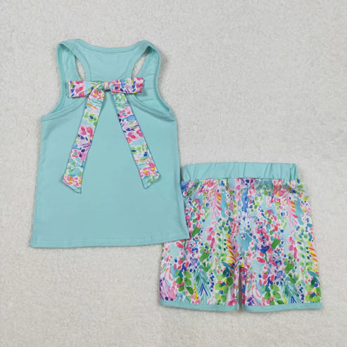 GSSO1982 Baby Girls Aqua Pocket Bow Vest Ruffle Shorts Set