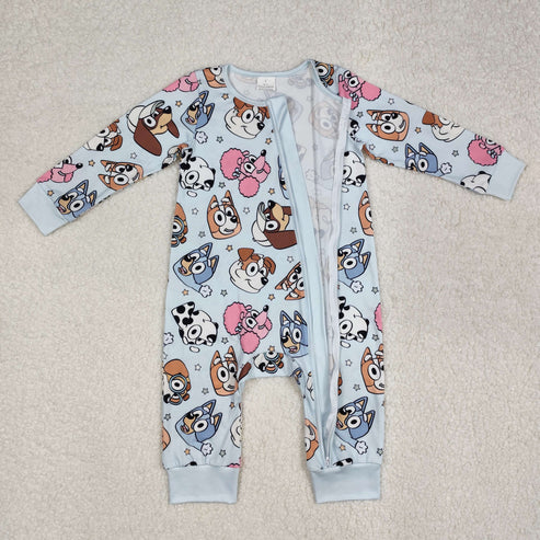 LR2062 Baby Infant Boys Blue Cute Dogs Cartoon Zip Romper