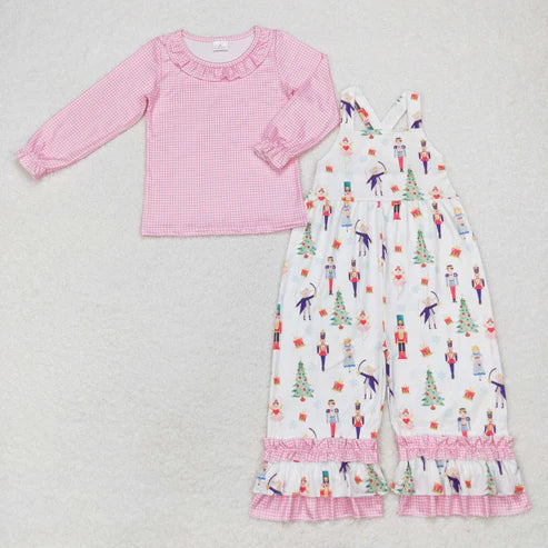 GT0641+SR1931 Christmas pink-white plaid lace long-sleeved pink strap jumpsuit set