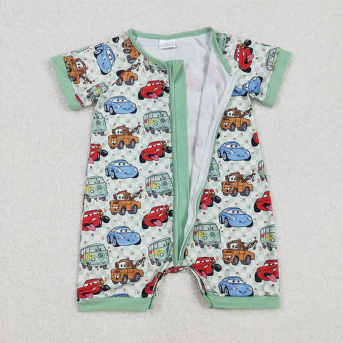 L-3.8 SR2373 Baby Infant Boys Car Racing Green Checkered Zip Romper
