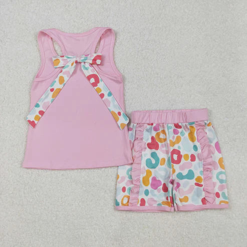 L-3.8 GSSO1981 Baby Girls Pink Pocket Bow Vest Ruffle Leopard Shorts Set