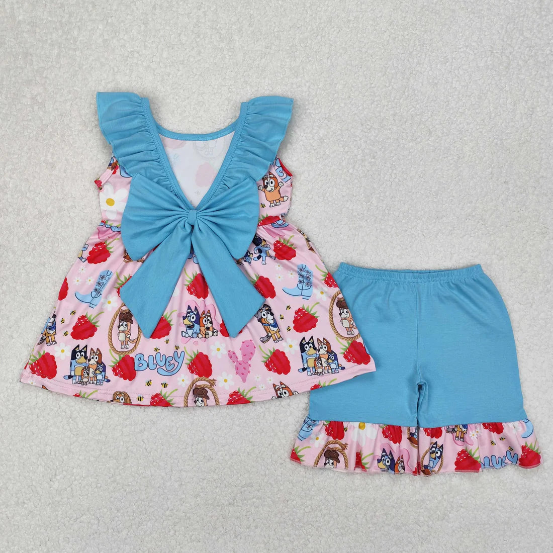 3.17 GSSO1904 Baby Girls Dogs Strawberry Bows Tunic Ruffle Shorts Clothes Set