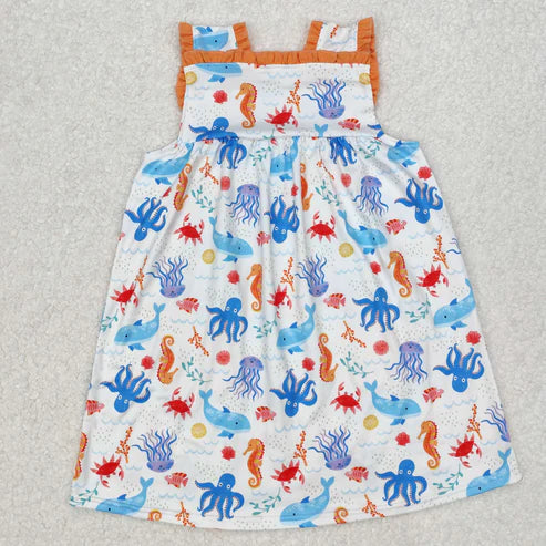 3.15 GSD1961 Baby Girls Sea Animals Pockets Knee Length Dress