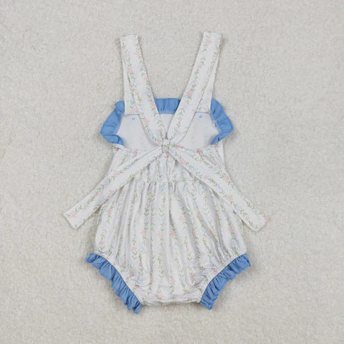 L-3.8 SR1478 Baby Infant Girls Blue Ruffle Leaves Straps Romper