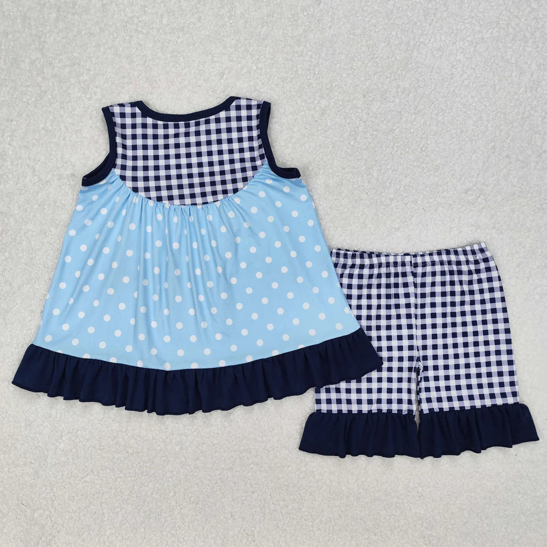 3.14 GSSO2124 Baby Girls Blue Dots Dogs Tunic Ruffle Shorts Clothes Set