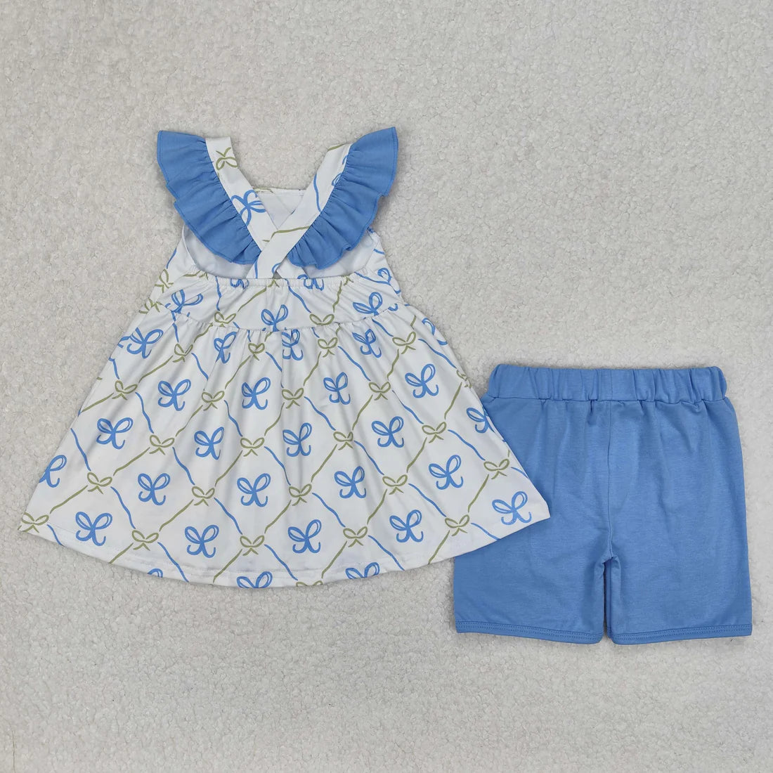3.17 GSSO2109 Baby Girls Blue Bows Tunic Ruffle Shorts Clothes Set