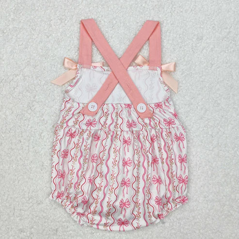 SR2704 Baby Infant Girls Pink Flowers Bows Straps Romper