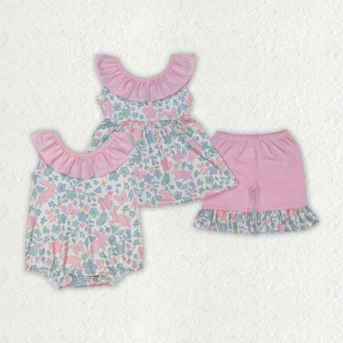 Sibling Baby Girls Pink Easter Rabbits Rompers Outfits Sets