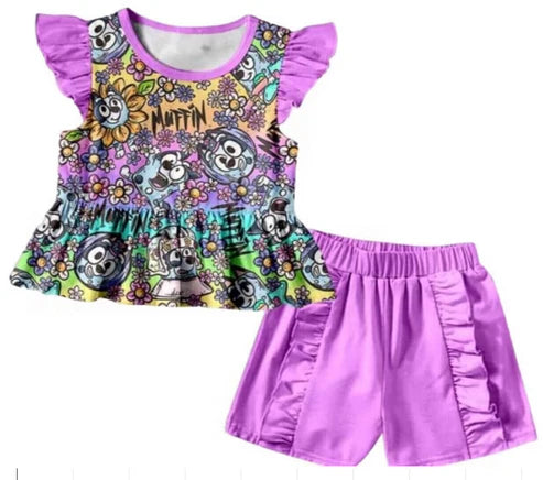 5.14 Girls flower cartoon dog purple short sleeve shorts set