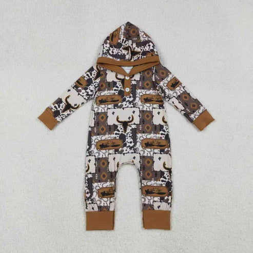 10.31 Sibling Baby Boys Aztec Bull Skull Western Clothes Sets Hoodies Footie Rompers