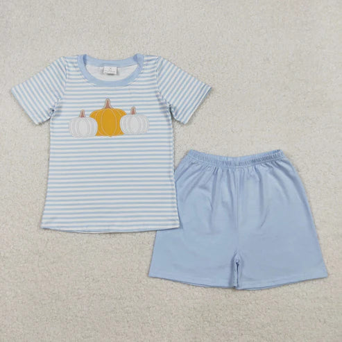 10.14 BSSO1548 Baby Boys Blue Stripes Pumpkins Top Shorts Fall Set