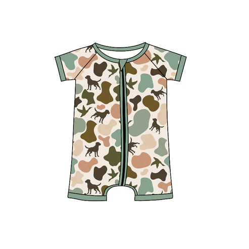 3.28 SR2972 Baby Infant Boys Short Sleeves Green Dogs Ducks Camo Zipper Rompers Preorder