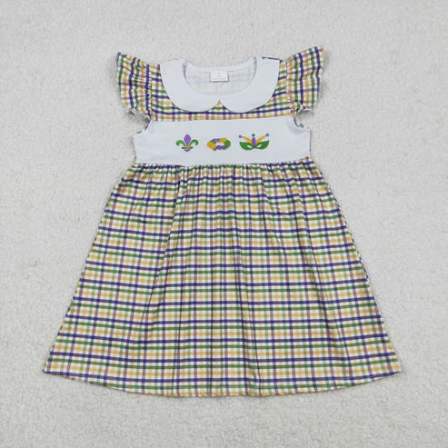 12.13 GSD2934 Embroidery Anchors Donuts Baby Girls Mardigras Checked Collar Knee Length Dress