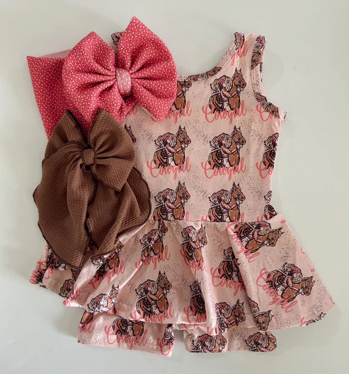 4.21 SR3072 Baby Girls Pink Sleeveless Horses Rodeos Cowgirl Skort Jumpsuits Preorder