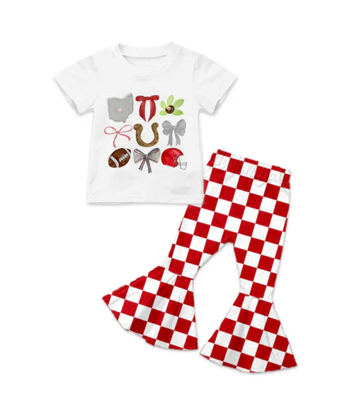 8.22 Custom MOQ 5 Baby Girls Short Sleeve Red Bows Team Shirts Plaid Pant Sets