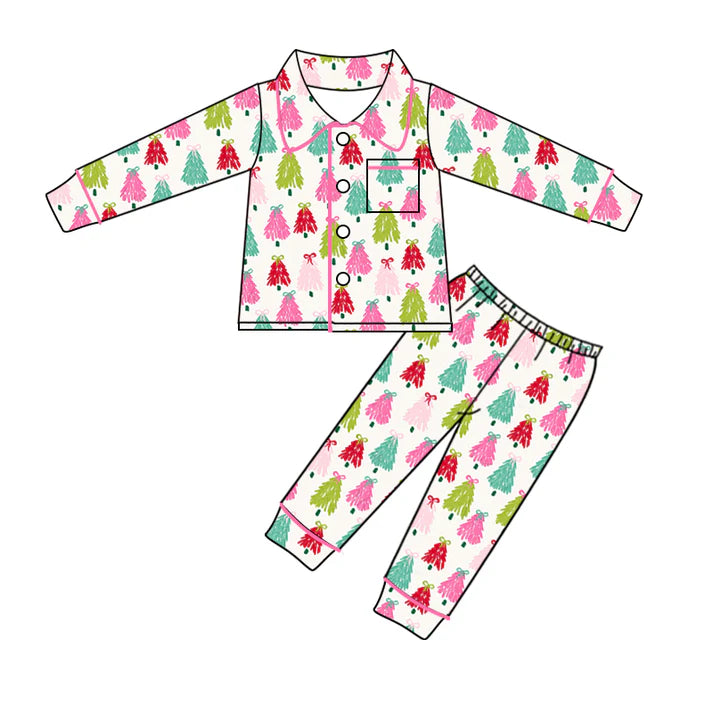 6.11 GLP1995 Baby Kids Christmas Colorful Trees Buttons Top Pants Pajamas Clothes Sets Preorder