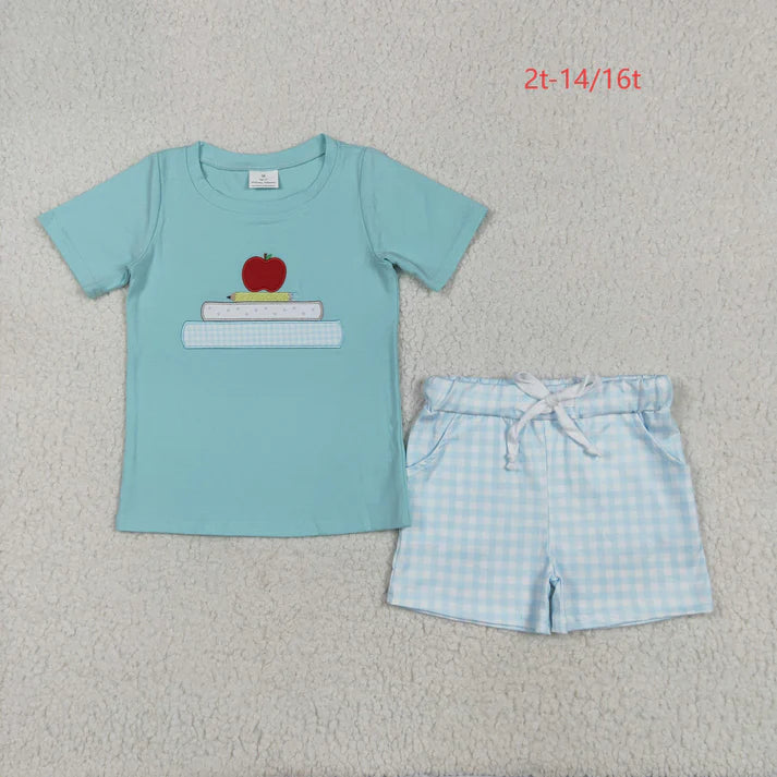 6.11 BSSO1329 Embroidery Baby Boys Embroidery Apple Pencil Top Pockets Shorts Back To School Clothes Set