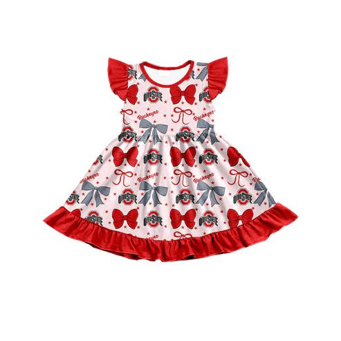 7.2 Custom Moq 3 Baby Girls Flutter Sleeves OSU Bows Team Knee Length Dresses