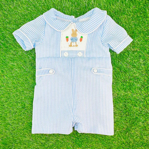 10.30 SR3417 Baby Boys Blue Stripe Rabbits Carrots Easter Short Rompers Preorder