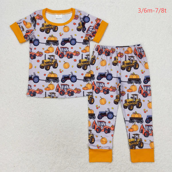 BSPO0422 Pumpkin truck tractor Orange grey short sleeve trousers pajamas set