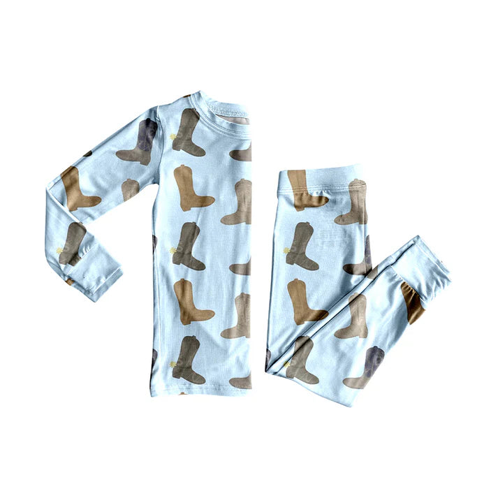 9.27 BLP1298 Baby Boys Blue Boots Top Pants Western Pajamas Sets Preorder