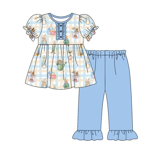 10.1 GSPO2094 Baby Boys Blue Checked Rabbits Tunic Ruffle Pants Easter Clothes Sets Preorder