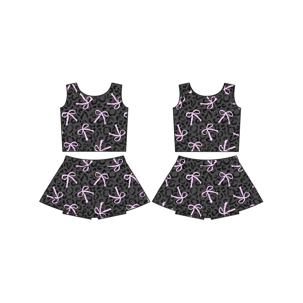 L-3.6 GSD2008 Baby Girls Black Leopard Bows Athletic Active Wear Top Shorts Skirts Clothes Sets Preorder