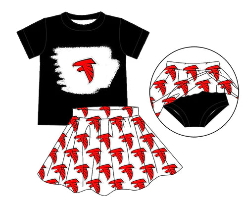 7.4 Custom Moq 3 Baby Girls Black Red Bird Top Bummie Skorts Team Sets