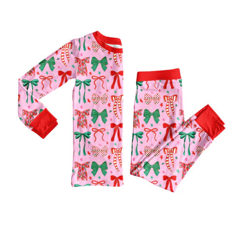 7.26 GLP2624 Baby Girls Long Sleeves Green Red Bows Plaid Top Pants Pajamas Set Preorder