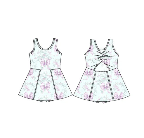 GSD2166 Baby Girls Sleeveless Lavender Bows Floral Yoga Active Wear Skort Knee Length Dresses Preorder