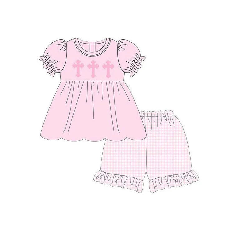11.24 MOQ:5pcs GSSO2916 pre-order baby girl clothes cross print toddler girl easter summer outfit