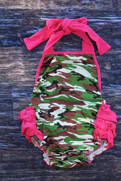 10.30 SR3420 Baby Girls Pink Strap Green Brown Camo Bubbly Ruffle Rompers Preorder